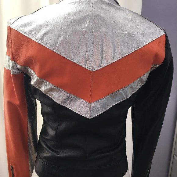 Unique sexy Bebe leather moto jacket size small color block zipper snaps pockets - Picture 4 of 16